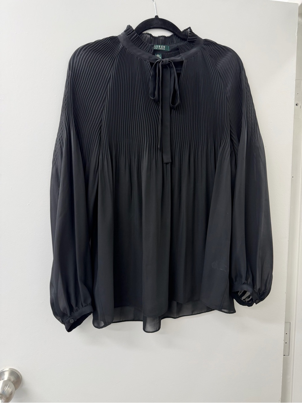 Ralph Lauren Black Pleated Tie-Neck Blouse